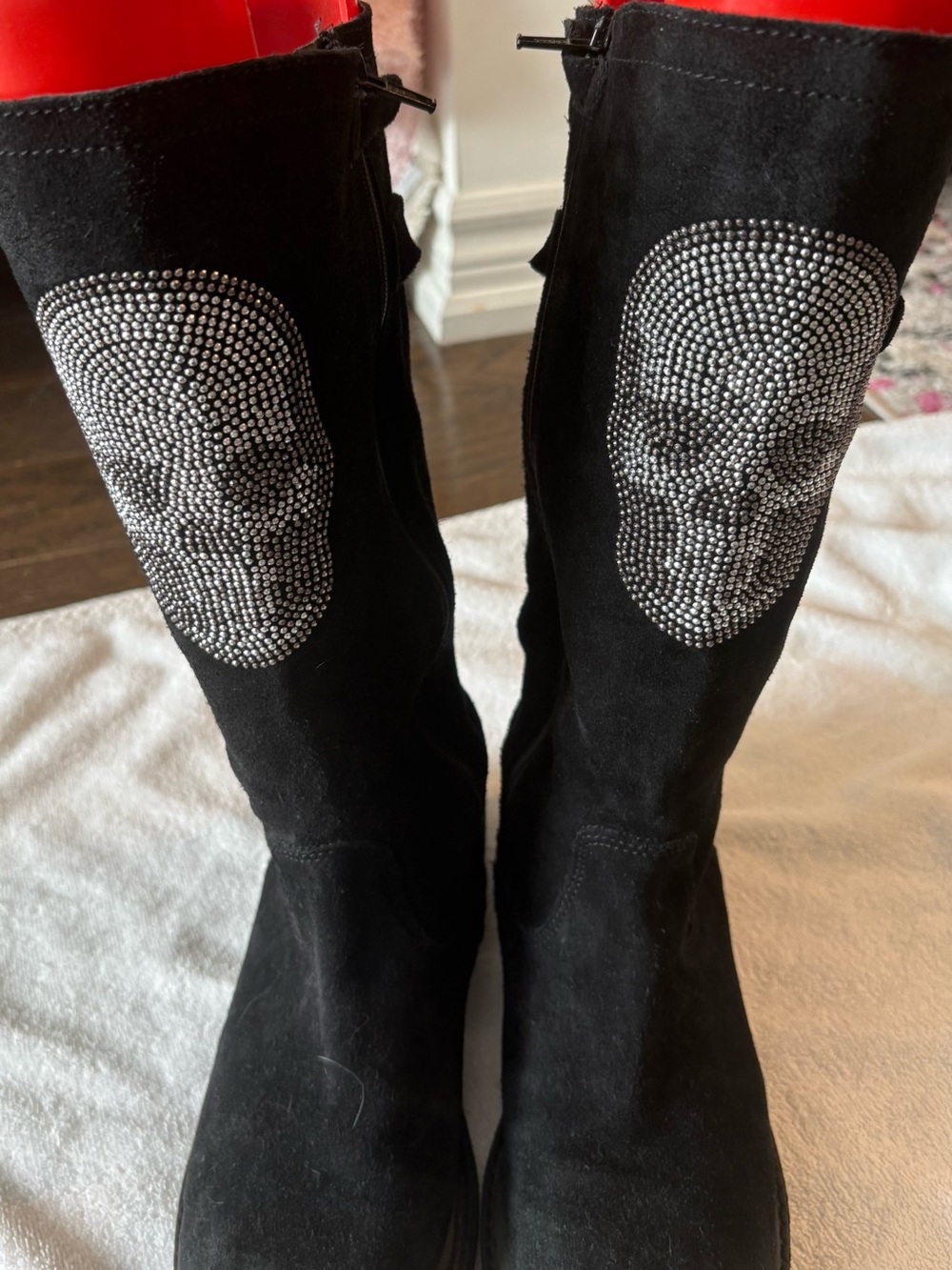 French brand Reqin’s Black Suede Knee Boots with Crystal Skull Detail. Rare item